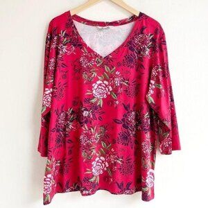 NEW Pinkish Red Floral Soft Stretchy Microfiber V-Neck Tee Shirt